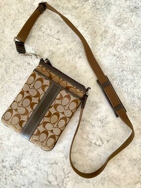 Vintage Coach Small Crossbody Bag Tan Logo Printed Canvas Brown Leather Accents